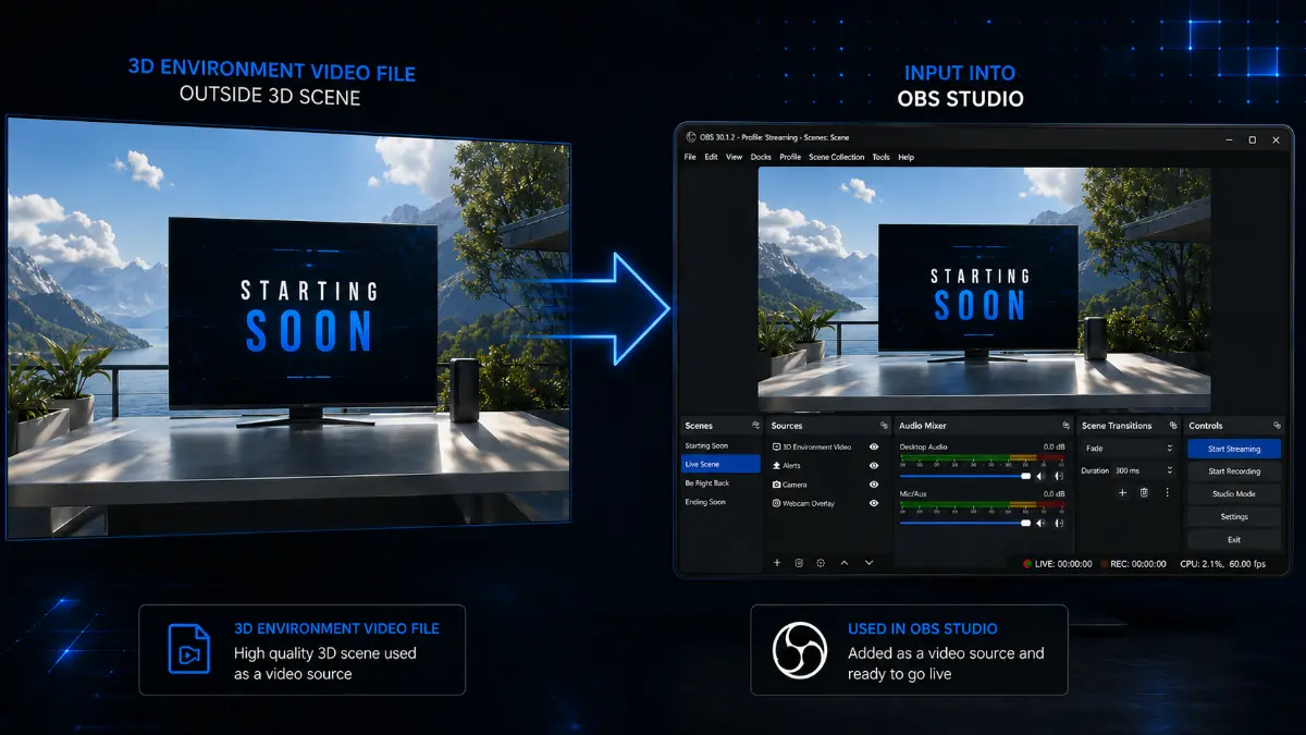 Animated 3D stream screen video file being added into OBS Studio