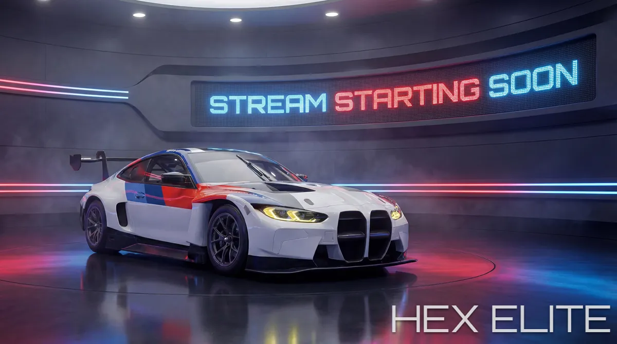 Race Car Showroom Starting Soon Screen - Custom 3D Stream Overlay