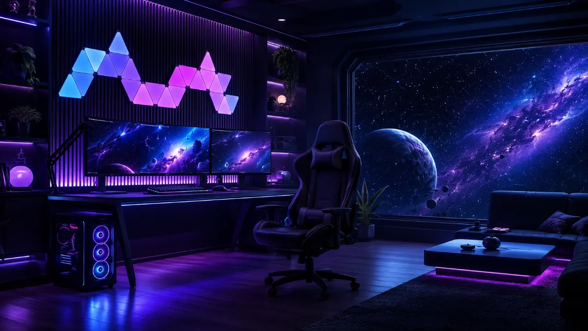 Purple space room stream background with gaming setup and galaxy window