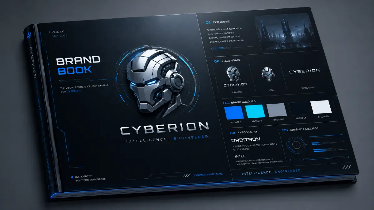 Cyber styled stream brand book showing logo, colour palette and typography system