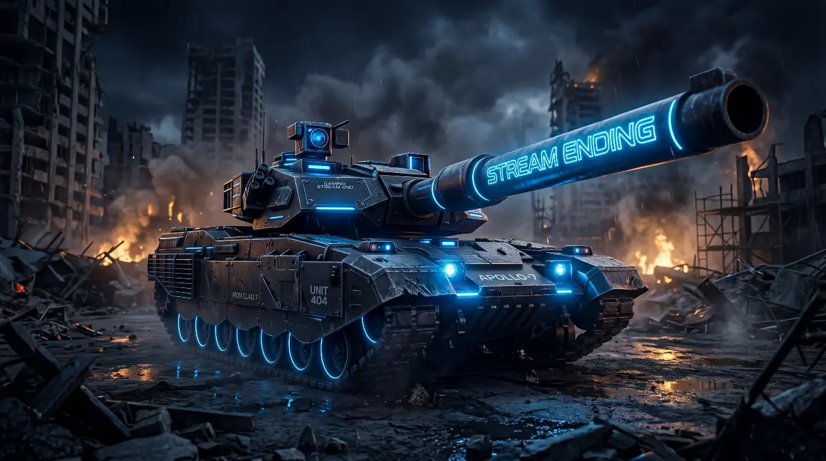Cinematic blue tank stream ending screen in a ruined city